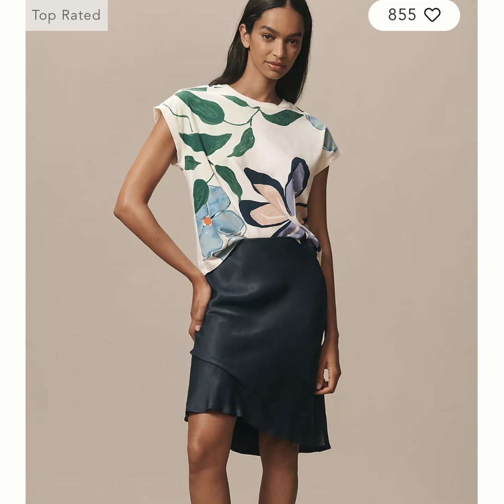 Anthropologie White and Green Floral Tee